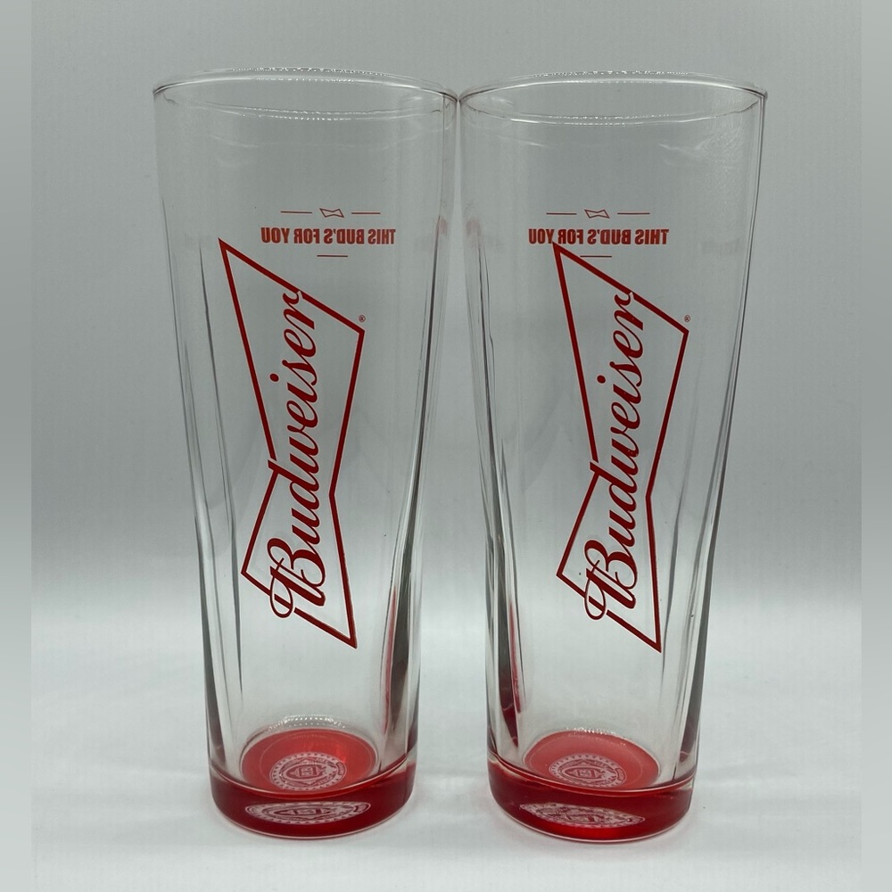 2 Budweiser Signature Pint Beer Glasses 16oz This Buds For You Bowtie Red Bottom